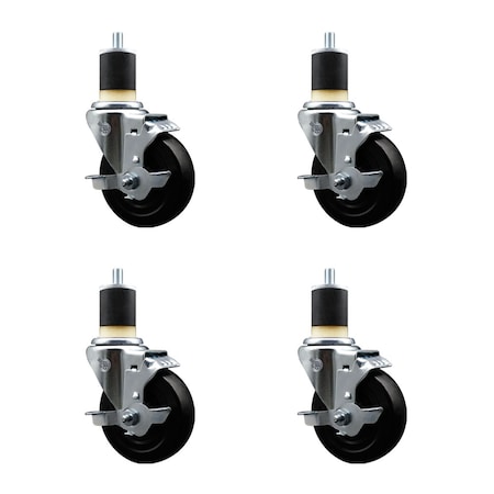 Service Caster 4'' SS Soft Rubber Swivel 1-7/8'' Expanding Stem Caster Set with Brake, 4PK SCC-SSEX20S414-SRS-TLB-178-4